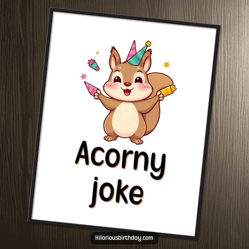 Funny digital art print of a kawaii squirrel character juggling brightly colored party horns, perfect for instant, energetic wall decor.