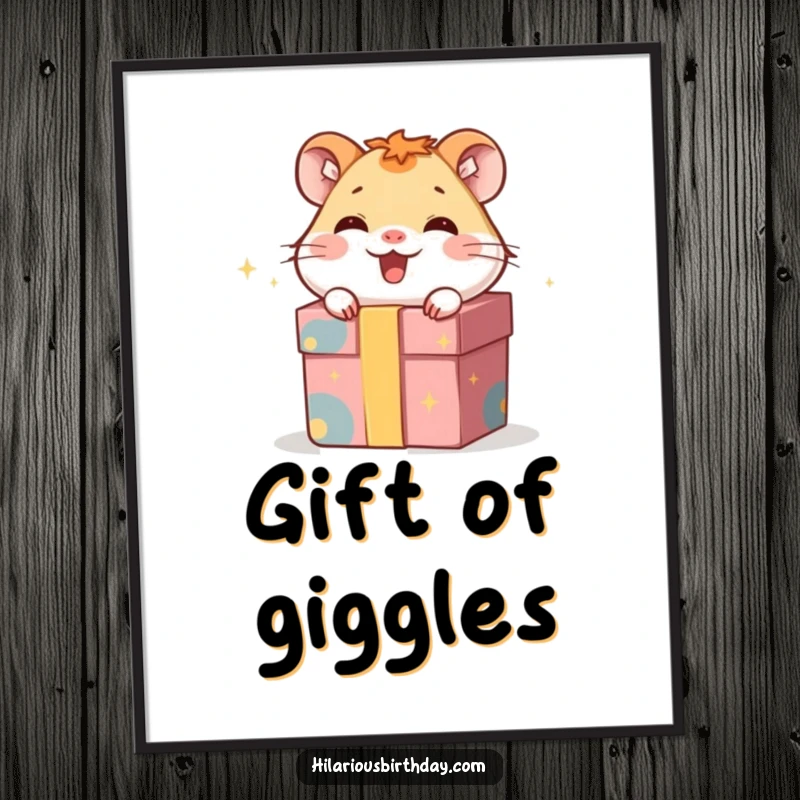 Funny digital art print of a giggling hamster character hiding inside a gift box, perfect for playful and instant décor.