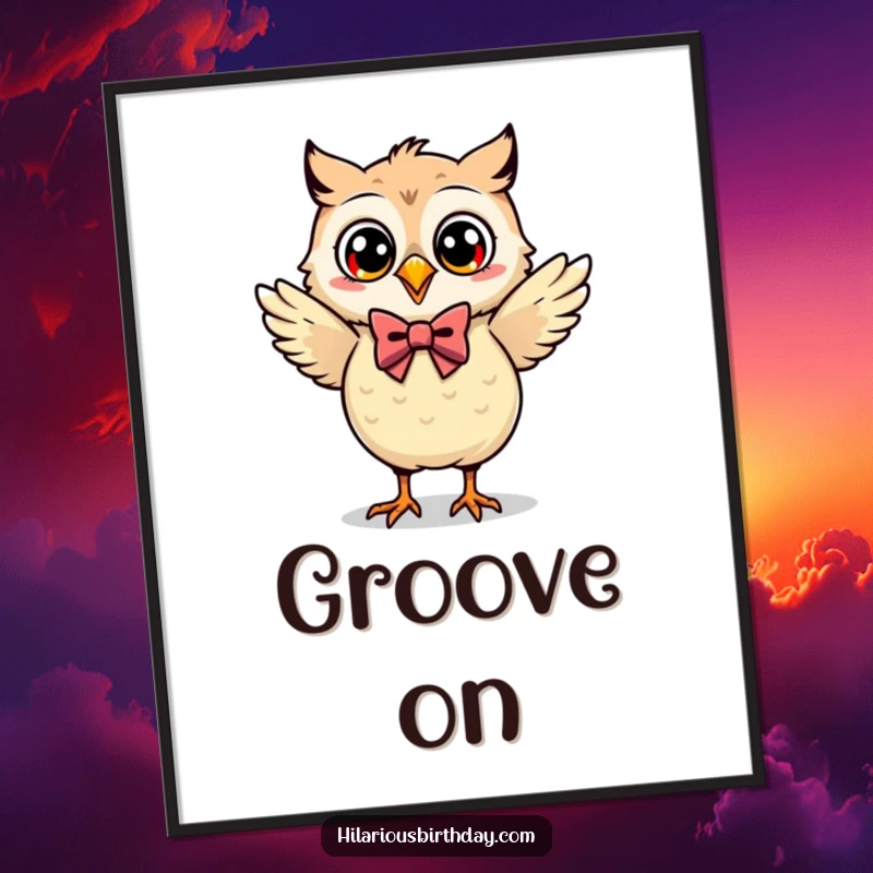 Funny Kawaii owl in a bow tie, dancing energetically, available as a digital art print for instant decor.