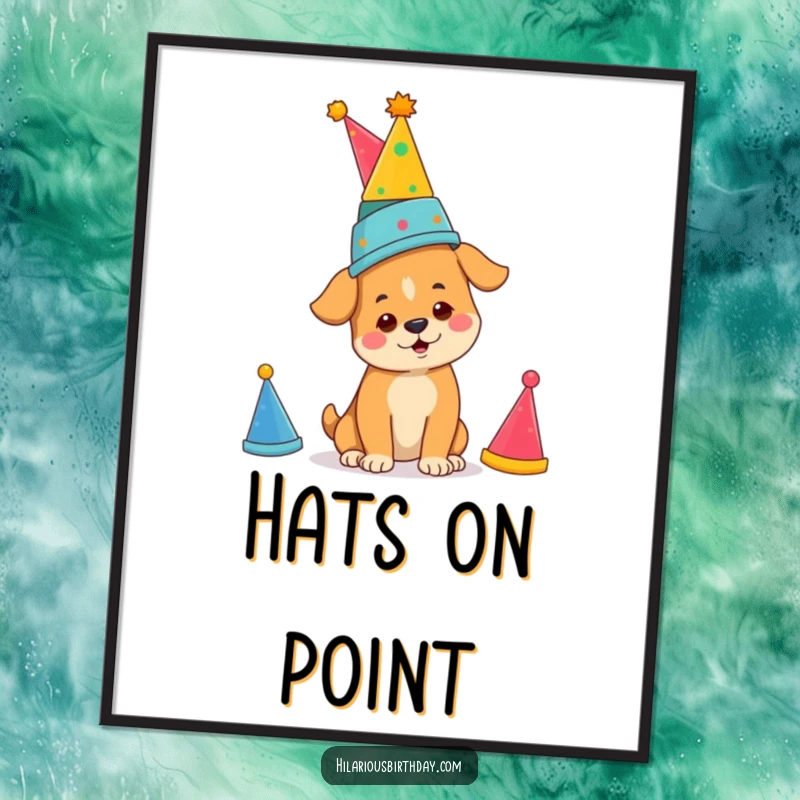Funny determined dog balancing party hats, as a digital art download, perfect for adding funny, focused decor.