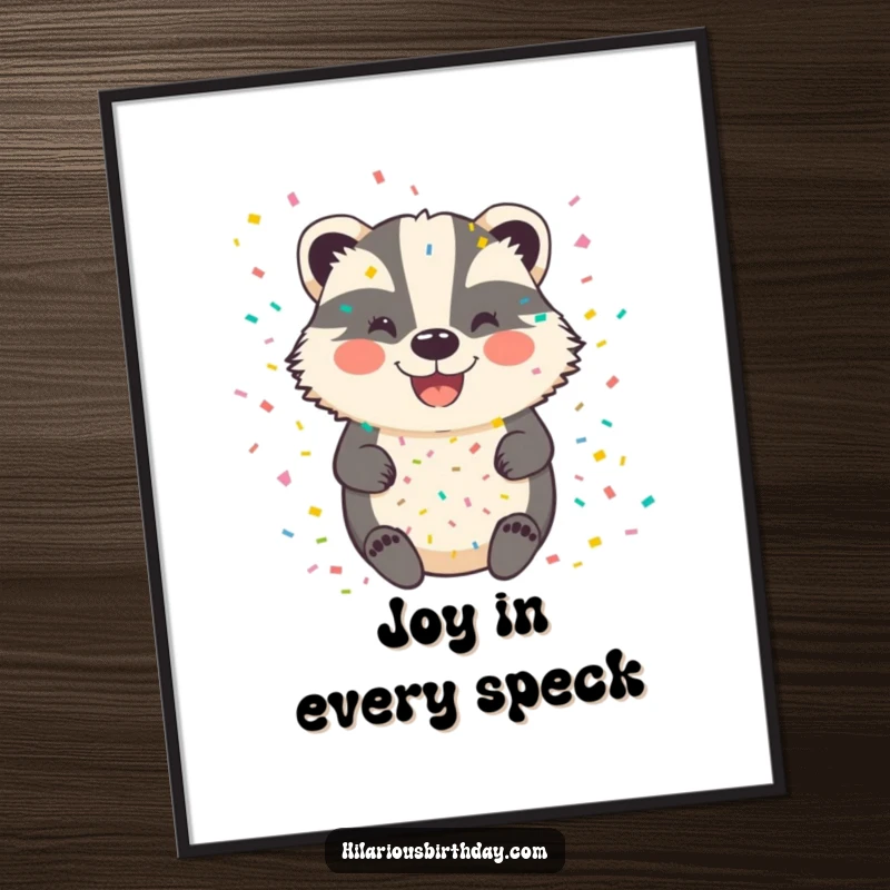 Funny badger digital art print of a joyful, smiling badger covered in a celebratory shower of colorful confetti.