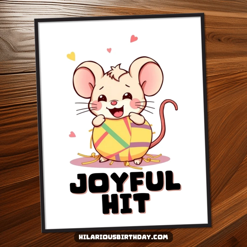 Funny Kawaii mouse joyfully smashing a piñata, available as a digital art print for instant party decor.