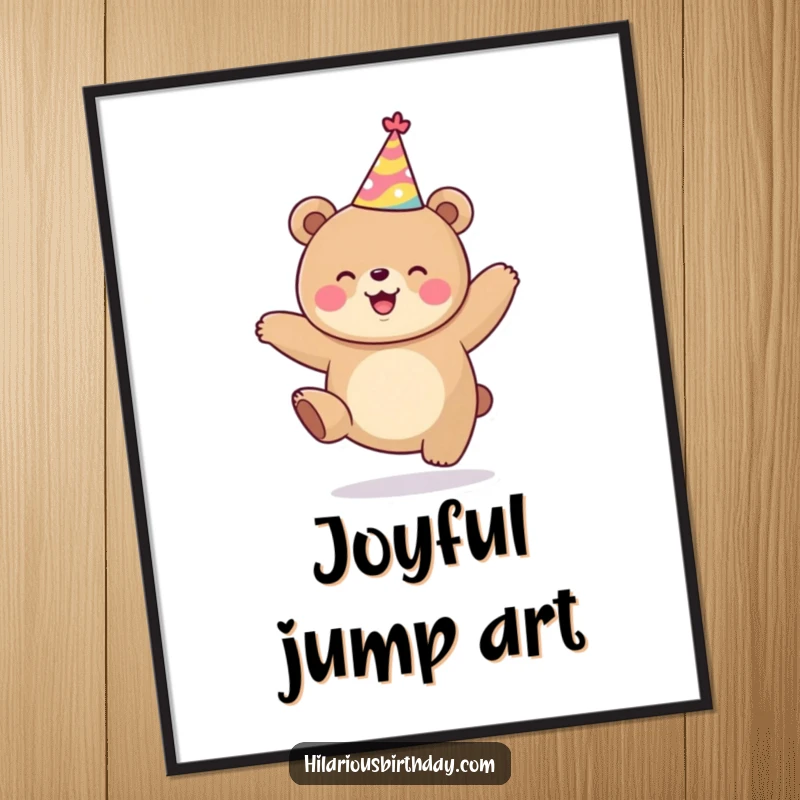 Funny kawaii bear in party hat, jumping happily, printable wall art, great funny gift for instant smiles.