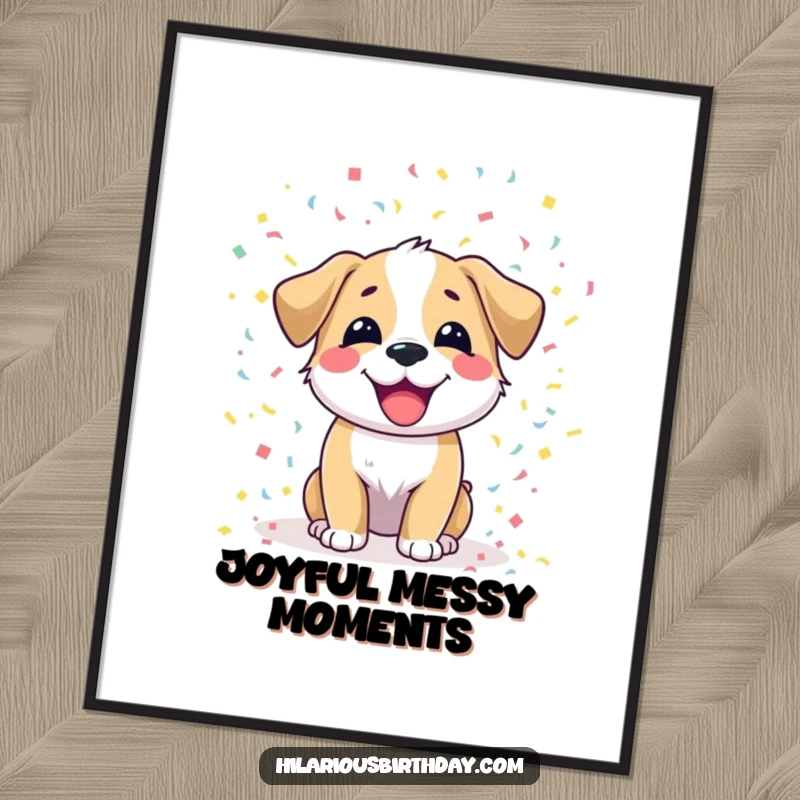 Funny dog digital art print of a joyful dog character scattering colorful confetti, instantly downloadable for cheerful decor.