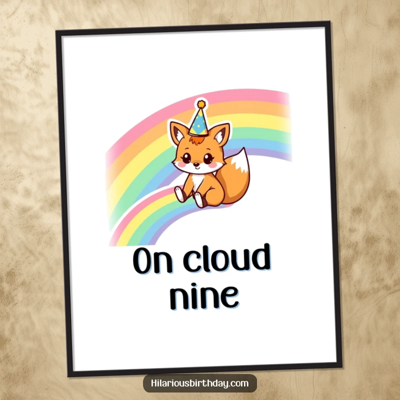 Funny digital art print of a kawaii fox character sliding down a rainbow wearing a party crown, perfect for instant, magical wall decor.