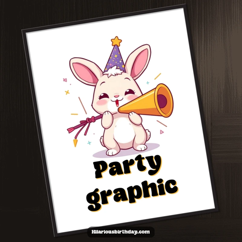 Funny digital art print of a playful rabbit in a party hat, joyfully blowing a giant party horn, ready for printing.