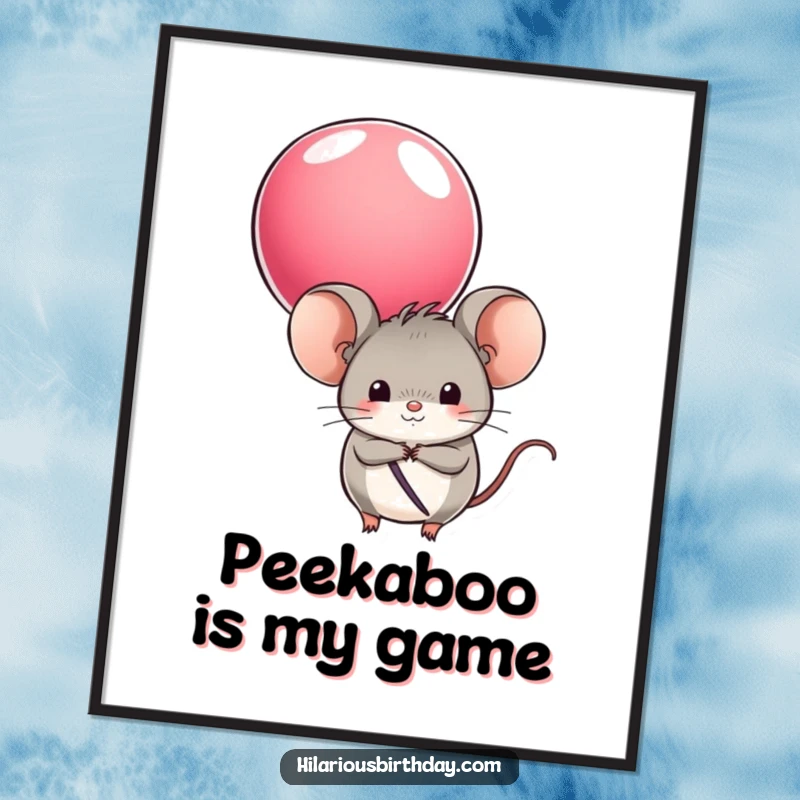 Funny digital art print of a round mouse character hiding behind a colorful balloon, perfect for adding playful and whimsical decor.