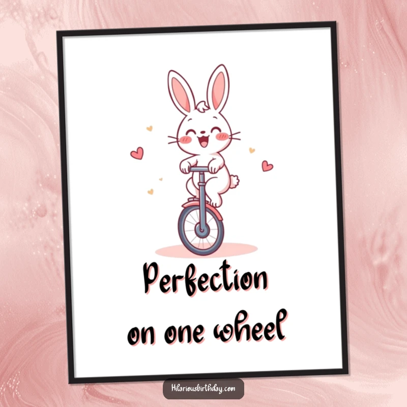 Funny Rabbit Digital Art: Cheerful rabbit gleefully riding a unicycle around a cake, instant humorous download.