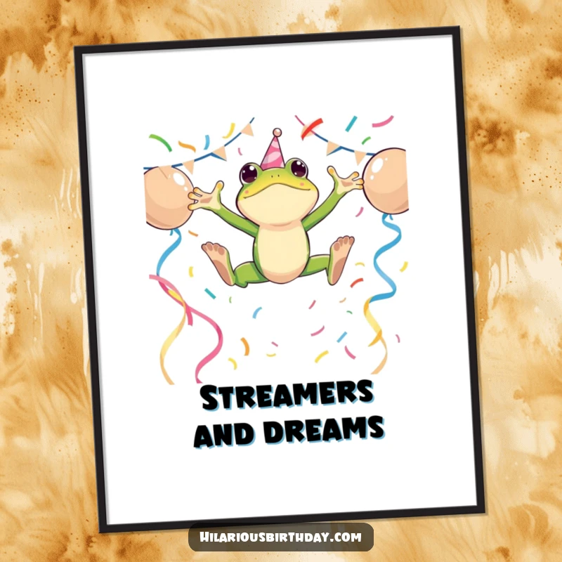 Funny digital art print of an energetic frog character leaping over party streamers, perfect for adding vibrant and festive decor.
