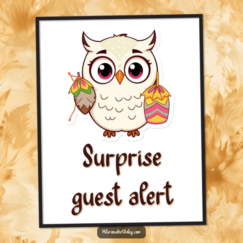 Funny Kawaii Owl Digital Art Print: A wide-eyed owl character shows comical shock at a piñata, ready to be printed and framed.