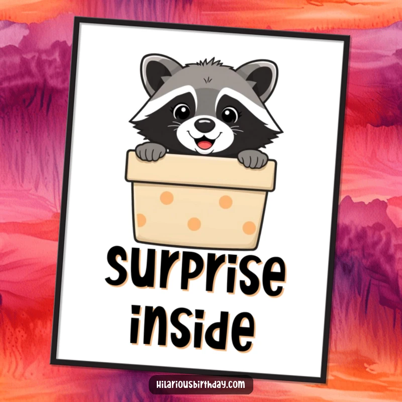 Funny raccoon digital art print, a cute masked character peeking mischievously from a gift box. Instant downloadable humor.