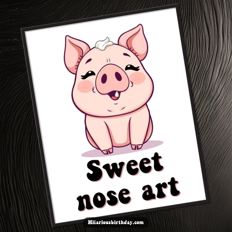 Funny kawaii pig gleefully smudging frosting on its nose, printable sweet art, great funny gift for kitchens.