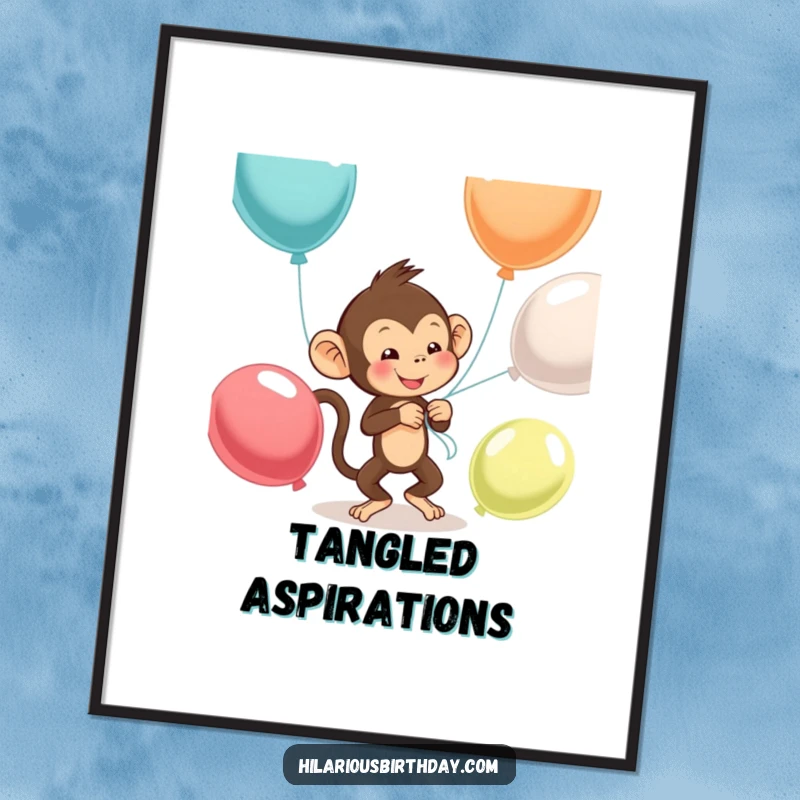 Funny monkey balloon digital art print, showing a mischievous monkey fumbling with balloons.