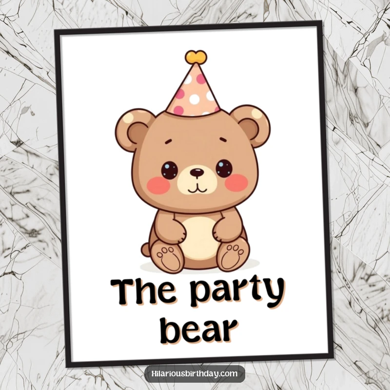 Funny bear digital art print, a cute bear character wearing a festive party hat, ready to celebrate, instant festive decor.