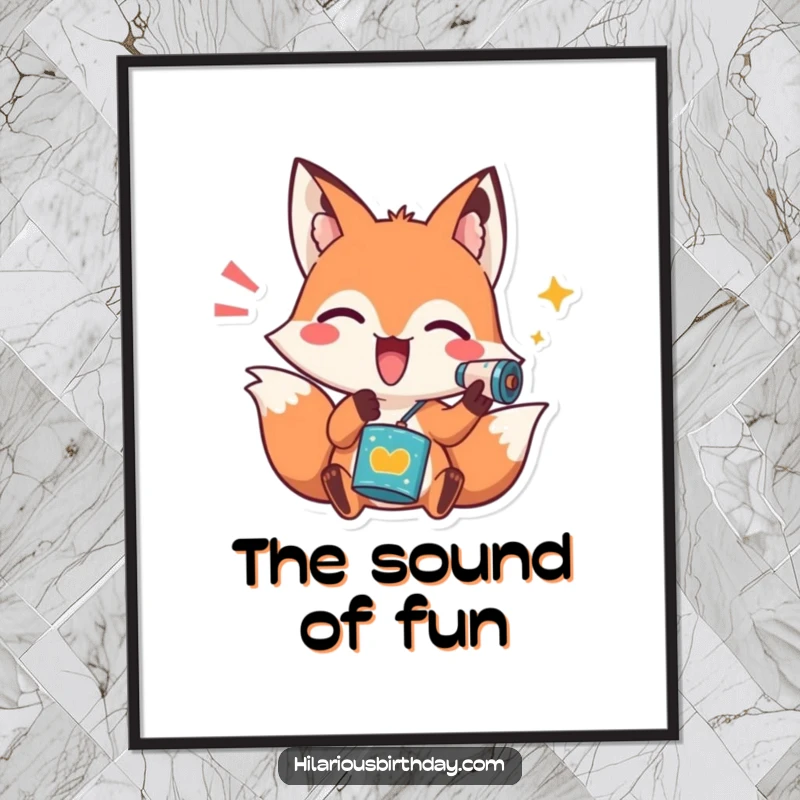 Funny digital art print of a playful fox character enthusiastically shaking a noisemaker, perfect for adding festive and energetic vibes.