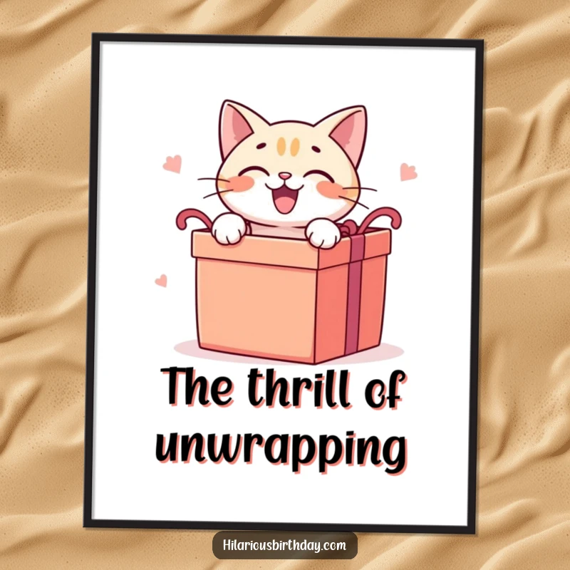 Funny cat digital art print of a delighted cat character eagerly opening a large gift box, instantly downloadable.