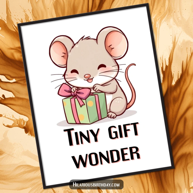 Funny kawaii mouse excitedly unwrapping a tiny, wrapped gift, printable joyful art, great funny gift.