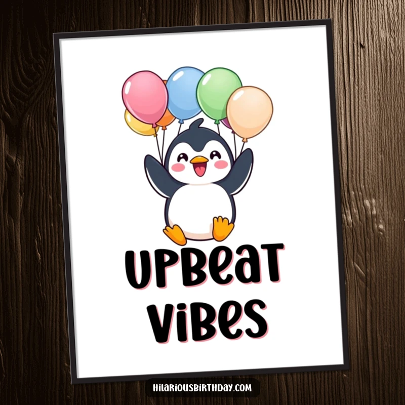 Funny digital art print of a cheerful Kawaii penguin character excitedly holding a bunch of colorful balloons, ready for instant joy.