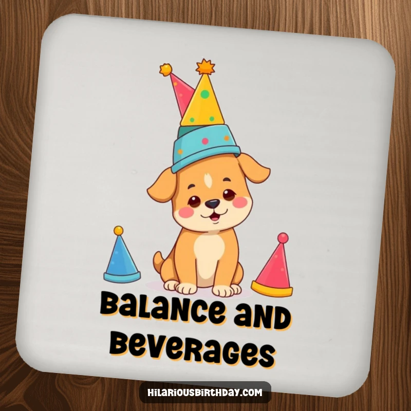 Funny determined dog balancing party hats, on a drink coaster, perfect for adding funny, focused vibes to any surface.