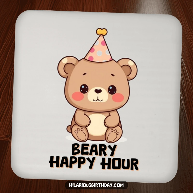 Funny bear coasters, a set featuring a cute bear character wearing a festive party hat, for humorous protection.