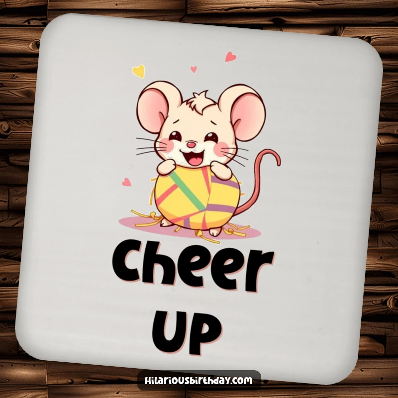Funny Kawaii mouse smashing a piñata on a drink coaster, protecting furniture with party humor.