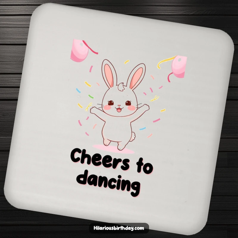 Funny kawaii rabbit character gleefully dancing with streamers on a drink coaster.