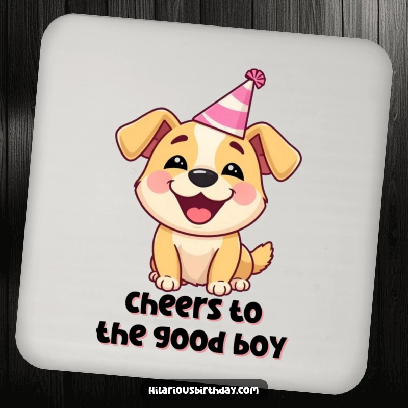 Funny Dog Coasters: Delighted dog wearing a silly party hat, barking happily, protecting surfaces with humor.