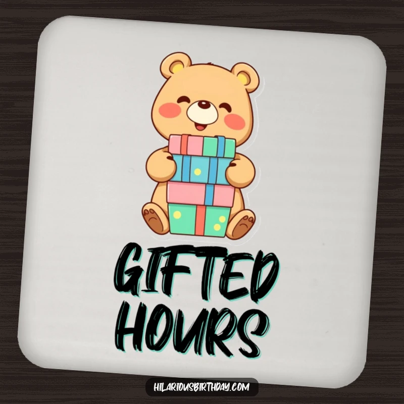 Funny bear drink coaster with a smiling character joyfully balancing a stack of presents, a humorous and protective surface accessory.