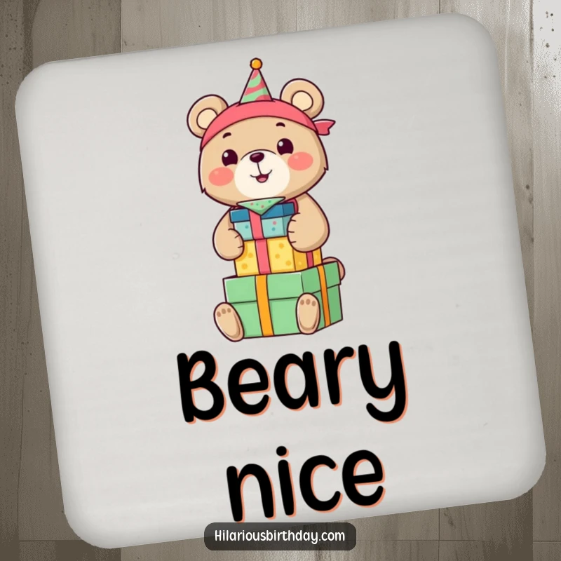 Funny drink coaster featuring a smiling bear in a birthday bandana, gleefully stacking colorful gift boxes, perfect for party tables.