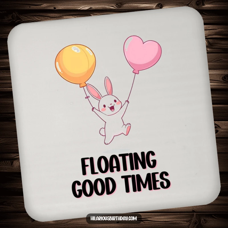Funny drink coasters featuring a smiling bunny character jumping to catch a balloon, protecting surfaces with a touch of playful art.