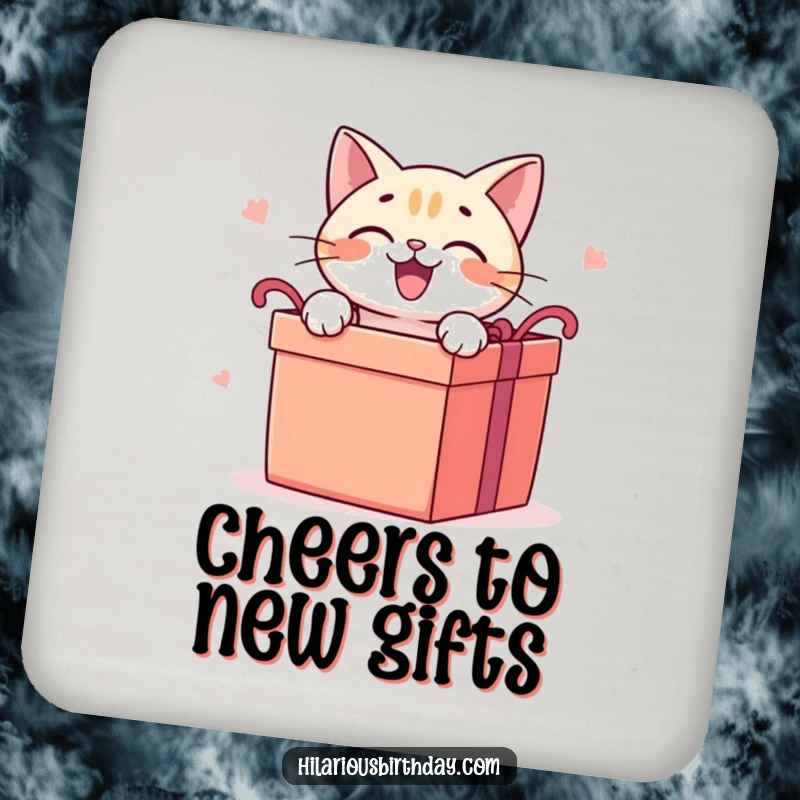 Funny cat drink coaster with a delighted cat character eagerly opening a large gift box, a functional treat.