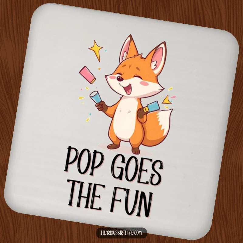 Funny drink coasters featuring a gleeful fox juggling exploding party poppers, adding humorous protection to surfaces.