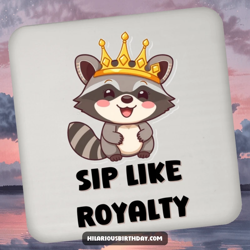 Funny drink coasters featuring a happy raccoon character triumphantly wearing a shiny golden crown, adding regal humor.