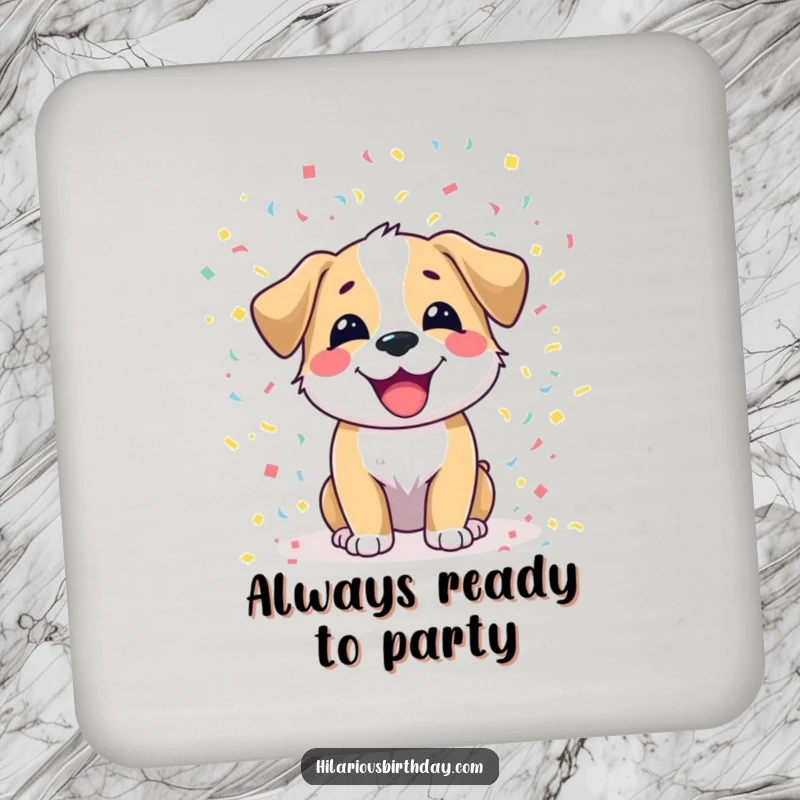 Funny dog drink coaster with a joyful dog character scattering colorful confetti, a functional and fun accessory.