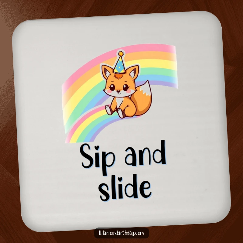 Funny drink coaster featuring a kawaii fox character sliding down a rainbow wearing a party crown, adding a magical and humorous touch.