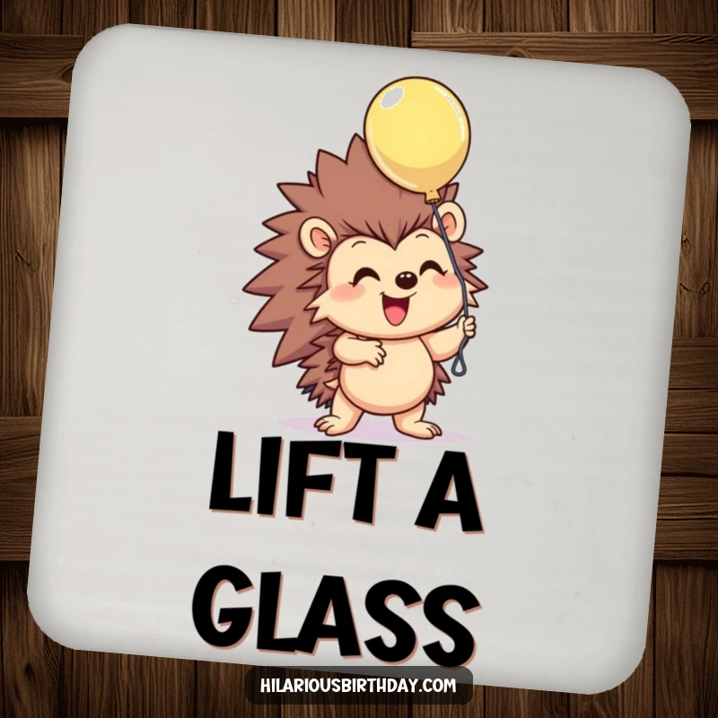 Funny smiling hedgehog character excitedly grasping a floating balloon on this protective drink coaster, a humorous and cheerful funny gift.