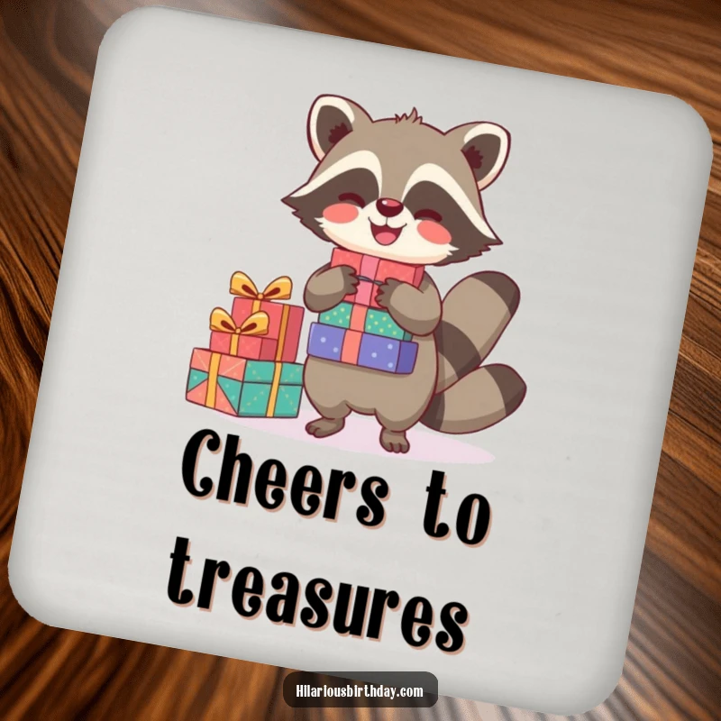 Funny drink coaster featuring a joyful raccoon character balancing a stack of presents, adding festive humor.