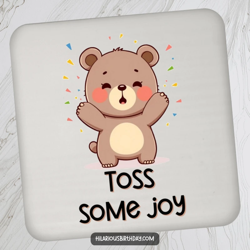 Funny coasters featuring a gleeful Kawaii bear character playfully tossing colorful confetti, offering stylish surface protection.