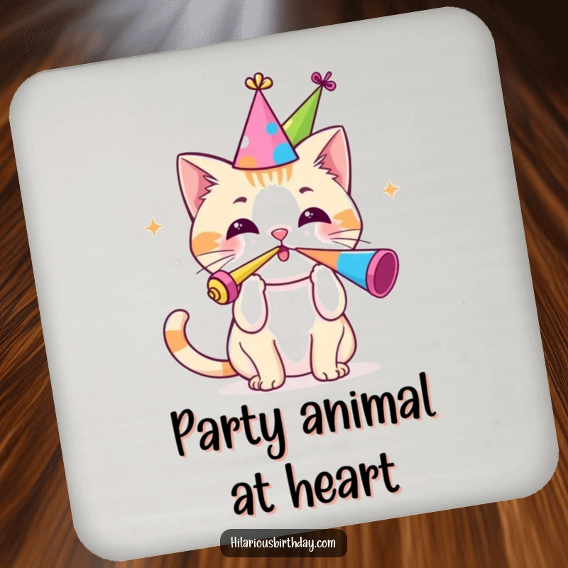 Funny coasters featuring a cute Kawaii cat in a party hat blowing a party horn, offering stylish surface protection.