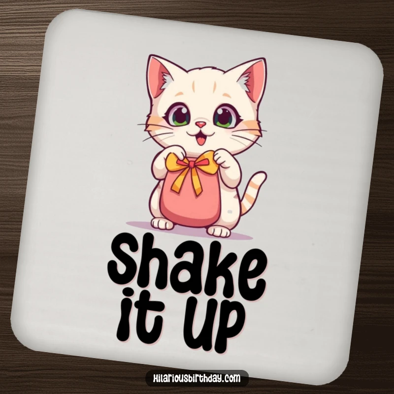 Funny kawaii cat coasters, a wide-eyed cat shaking a gift bag, protecting surfaces with adorable style.