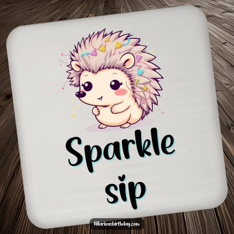 Funny Kawaii hedgehog covered in streamers and glitter on a drink coaster, adding festive flair.