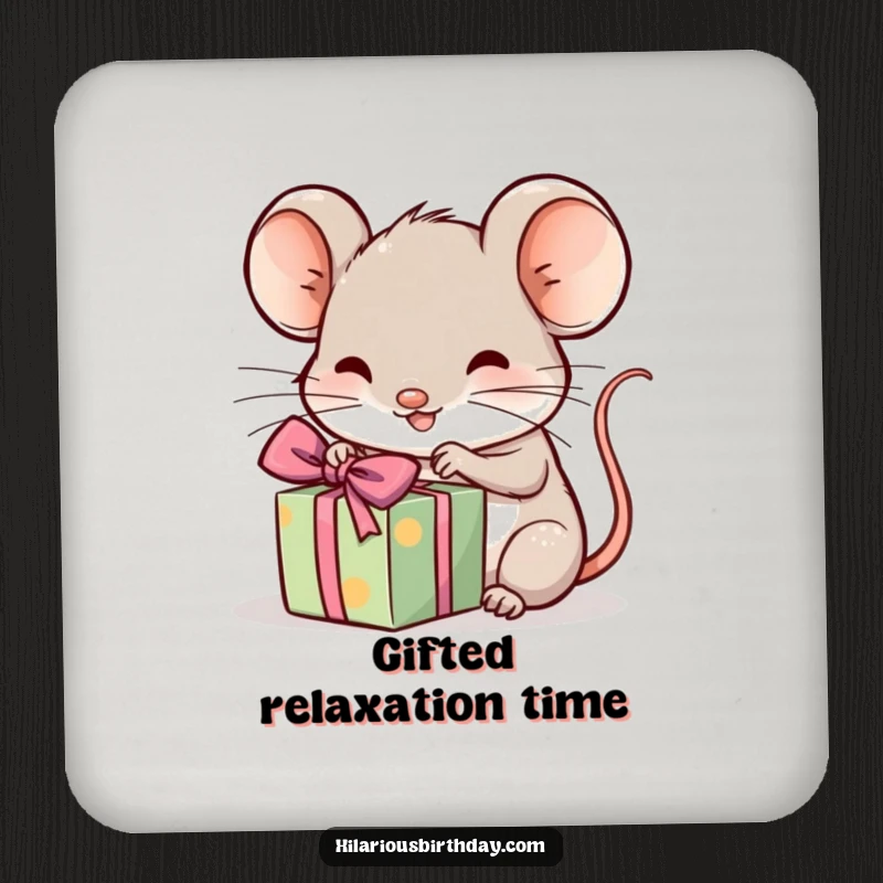 Funny kawaii mouse excitedly unwrapping a tiny, wrapped gift, a protective drink coaster, ideal funny gift.