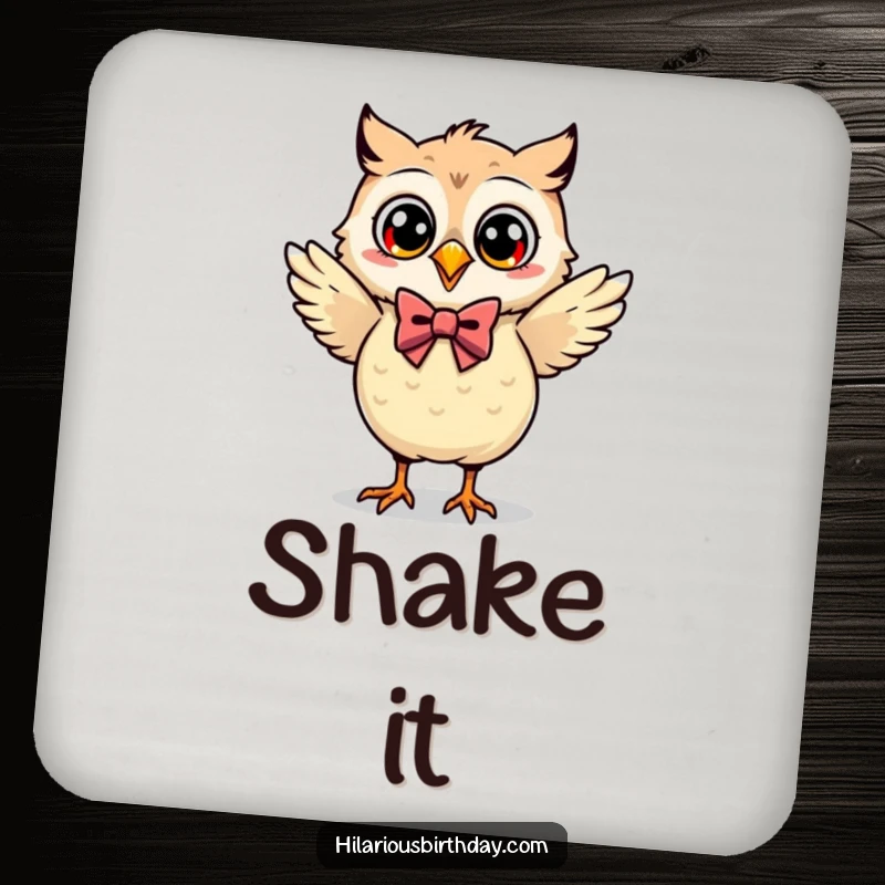 Funny Kawaii owl with a bow tie dancing on a drink coaster, protecting surfaces with humor.