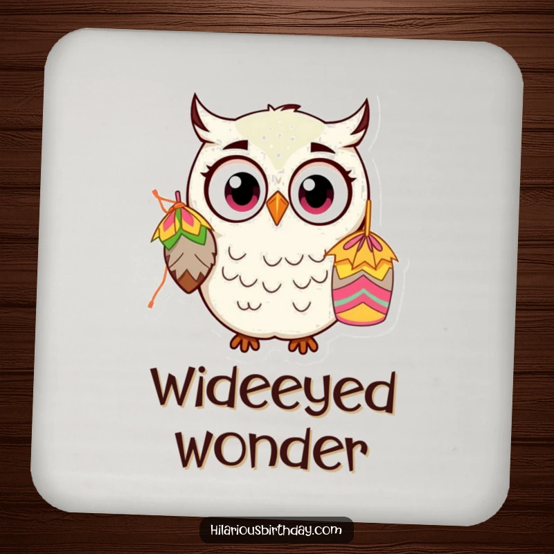 Funny Kawaii Owl Coaster: A wide-eyed, shocked kawaii owl character is depicted near a piñata, adding humorous protection to your drinks.