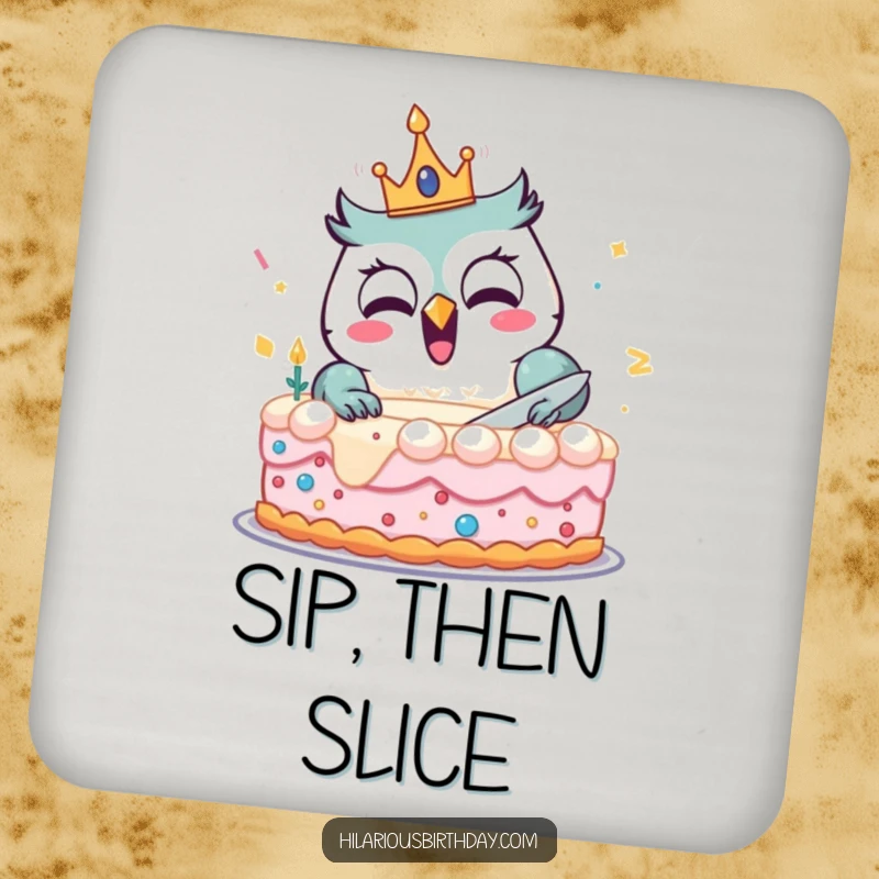 Funny coasters displaying a delighted owl with a birthday crown, joyfully cutting a large cake, protecting surfaces with humor.
