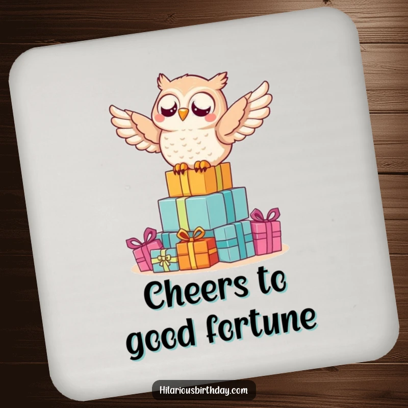 Funny owl drink coaster featuring a delighted owl happily riding on top of a pile of wrapped presents.