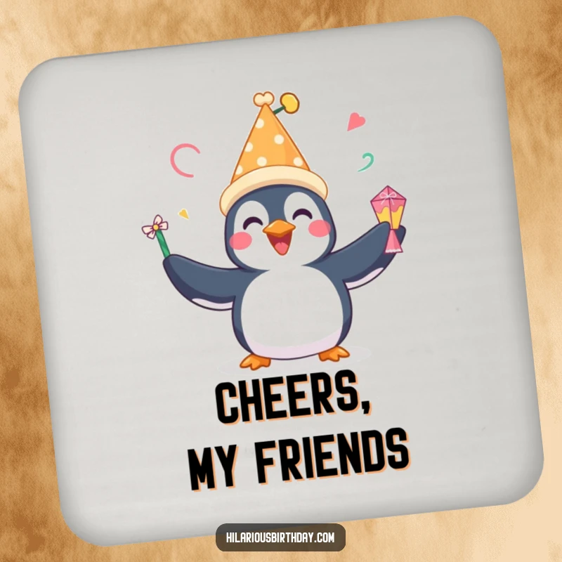 Funny coasters displaying a happy penguin with a festive hat, gleefully juggling party favors, protecting surfaces with humor.