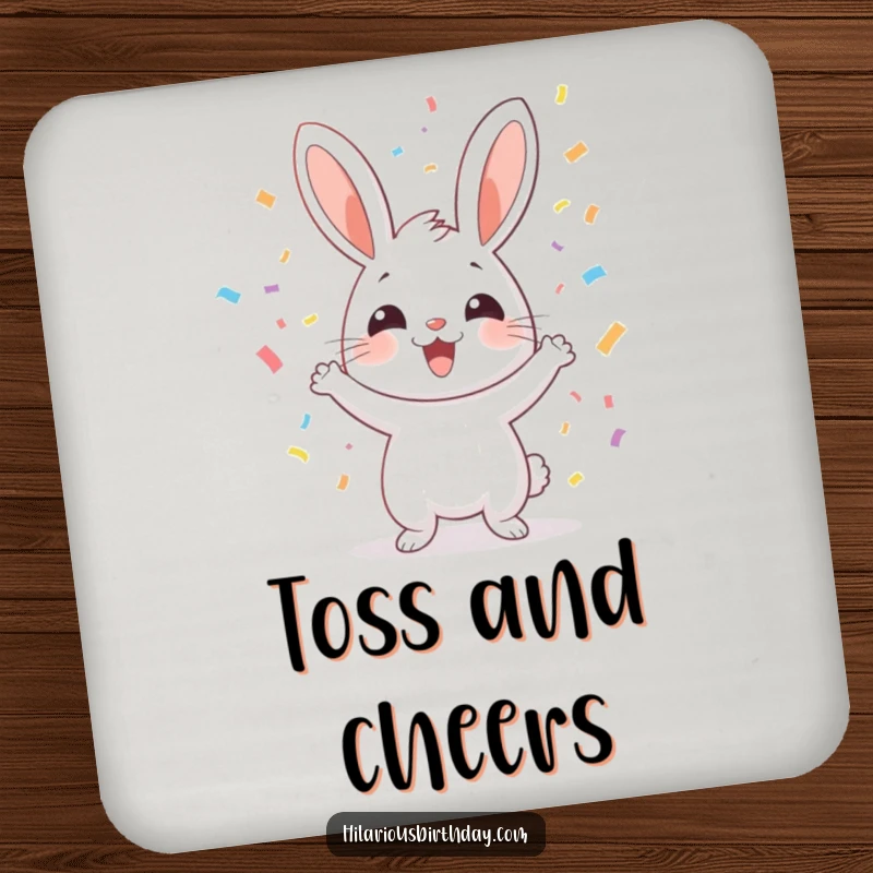 Funny cheerful rabbit tossing confetti, on a drink coaster, perfect for adding funny, joyful vibes to any surface.