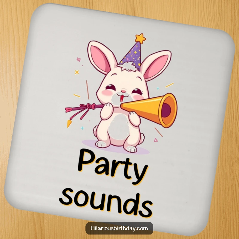 Funny drink coaster featuring a playful rabbit in a party hat, joyfully blowing a giant party horn, perfect for party tables.