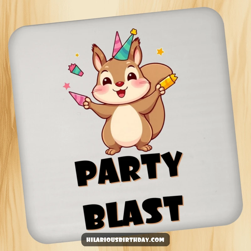 Funny drink coaster featuring a kawaii squirrel character juggling brightly colored party horns, adding a humorous and protective touch.